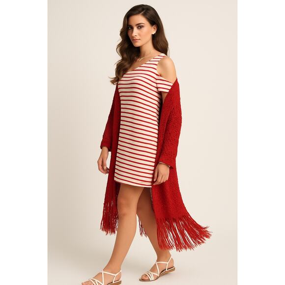 ANTHROPOLOGIE Maeve Striped Red and White One-Shoulder Dress Size Medium - Picture 1 of 11